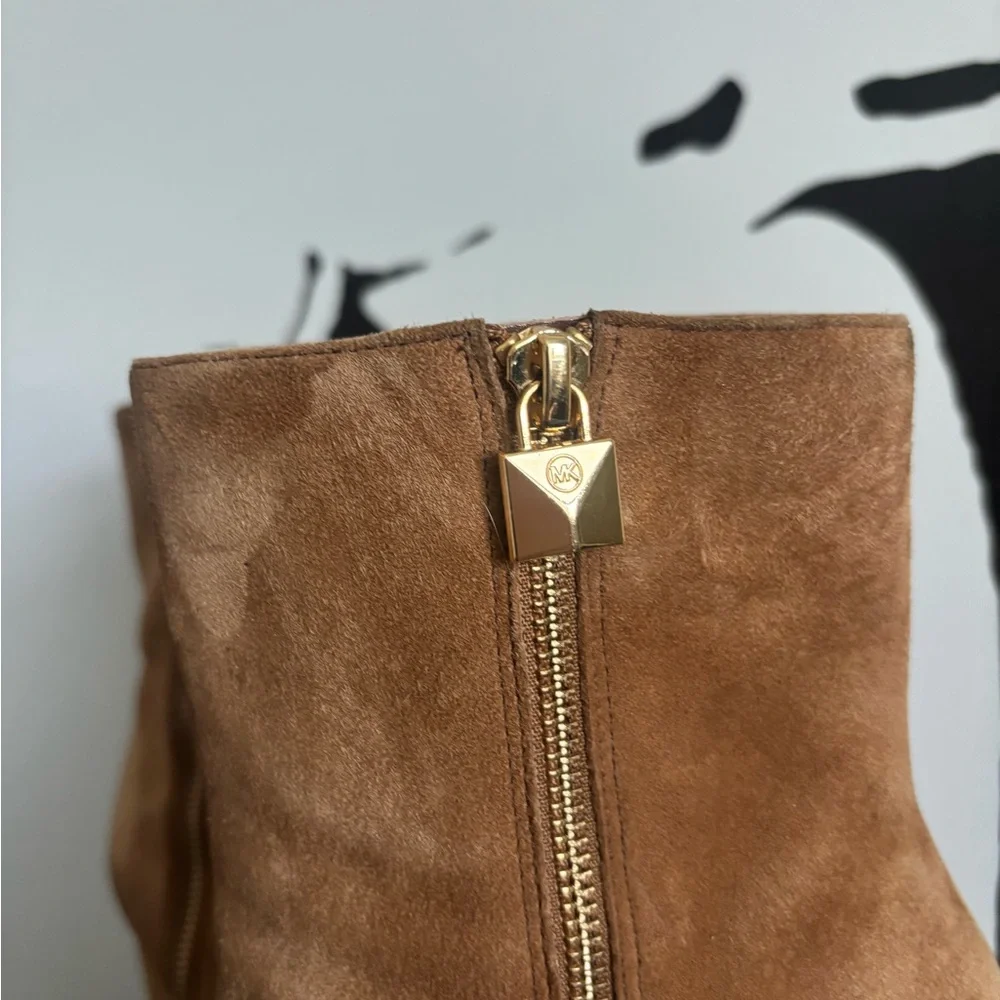 Michael Kors Cognac Suede Block Heel Ankle Boots with Gold Zip - Picture 3 of 5